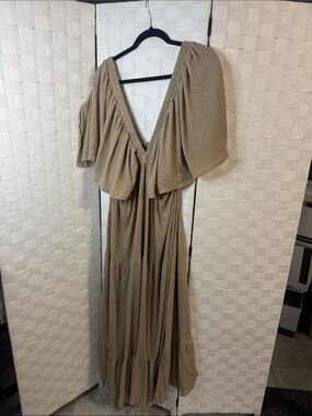 Flowing Tan Maxi Dress with Deep V and Flutter Sleeves